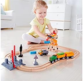 Hape Crossing & Crane Set | 32-Piece Wooden Railway Cargo Playset for Kids Multicolor