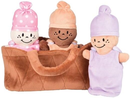 Creative Minds Basket of Babies with 3 Super Soft 9" Plush Doll Toys for Babies and Kids, Plush Multicultural Sensory Babies Toy Set with Basket, Orange, Purple, Pink