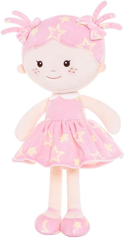 Onetoo First Baby Doll Plush Baby Girls Dolls Rag Doll Soft Baby Doll for Girls Sleeping Cuddle Buddy Doll Wear Star Pink Sleeveless Dress 14"