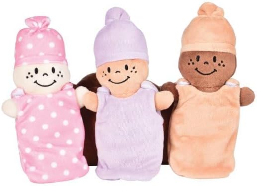Creative Minds Basket of Babies with 3 Super Soft 9" Plush Doll Toys for Babies and Kids, Plush Multicultural Sensory Babies Toy Set with Basket, Orange, Purple, Pink