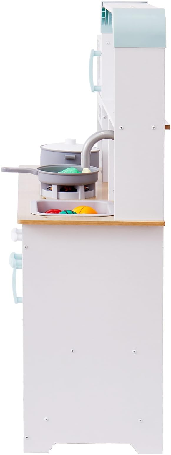 VEVOR Play Kitchen for Kids, Wooden Toy Kitchen Set with Lights and Sounds, Toddler Kitchen with Ice Maker, Oven, Sink, Microwaves, Fridge and Utensil and Fruit Accessory for Toddlers Ages 3-8, White