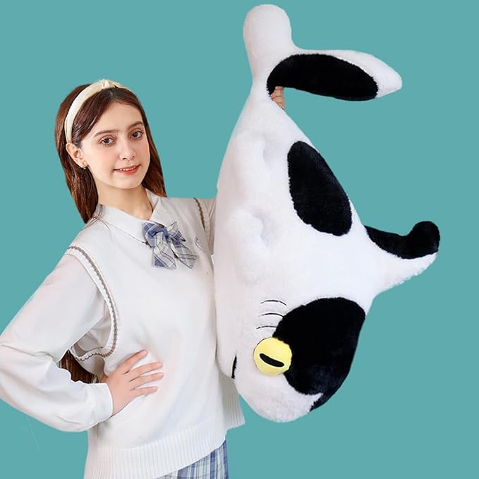 ELAINREN Furry Cow Shark Plush Pillow Soft Stuffed Animal Toy Creative Dairy Shark Whale Plushie Ocean Doll Gift/27.6''