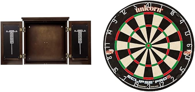 Unicorn Eclipse Pro 2 Bristle Steel Tip Dartboard with American Legend Dartboard Cabinets – Ultra-Slim Bullseye – High-Vis Rotatable Number Ring – 30% Thinner Wire