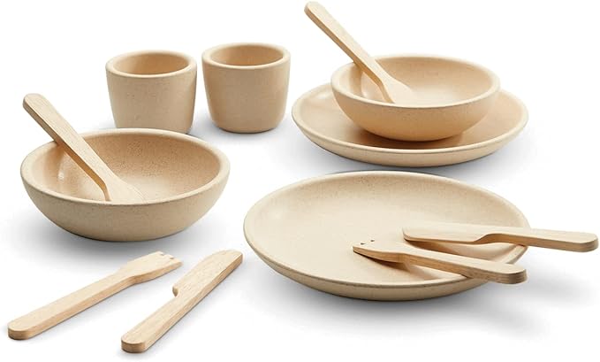PlanToys Play Dishes Wooden Tableware Set - Sustainably Made from Rubberwood Featuring 2 Plates, 2 Spoons, 2 Forks, 2 Knives, 2 Drinking Cups, and 2 Bowls