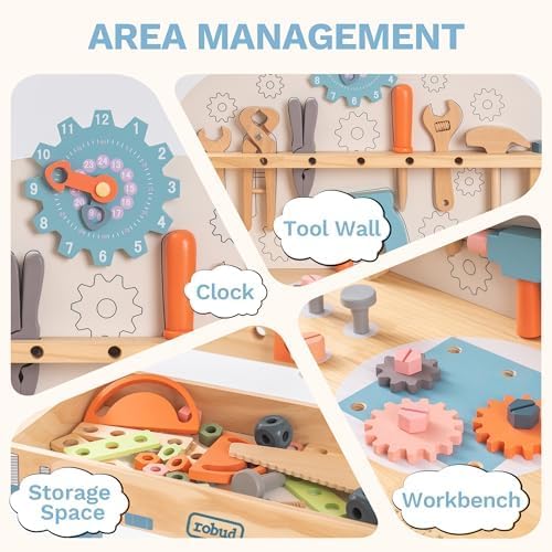 ROBUD Large Wooden Play Tool Workbench Set for Kids Toddlers, Construction Workshop Tool Bench Toys Gift, Multicolor