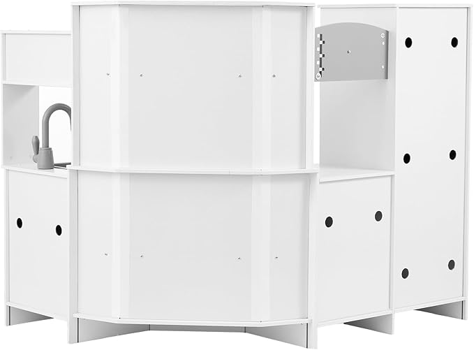 VEVOR Interactive Wooden Toy Play Kitchen Playset for Kids with Lights and Sounds, Corner Design with Ice Maker, Oven, Sink, Clock, Microwaves, Refrigerator and Accessories, for Girls & Boys, White