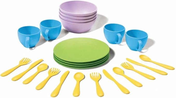 Green Toys Dish Set - 24 Piece Dishwasher Safe Creative Play Toys for Developing Social Skills in Children. Kitchen Toys