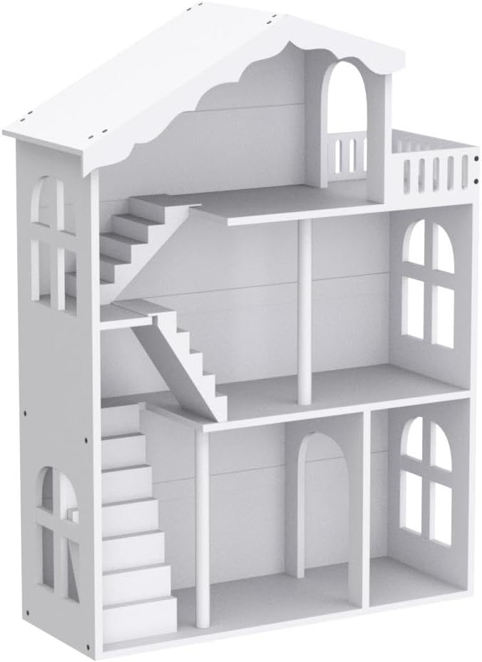 Dollhouse Bookshelf, Wooden Kids Bookshelve Children Doll House Toy Storage 3-Tier Bookcase for Books Gift for Girls Ages 3-7+