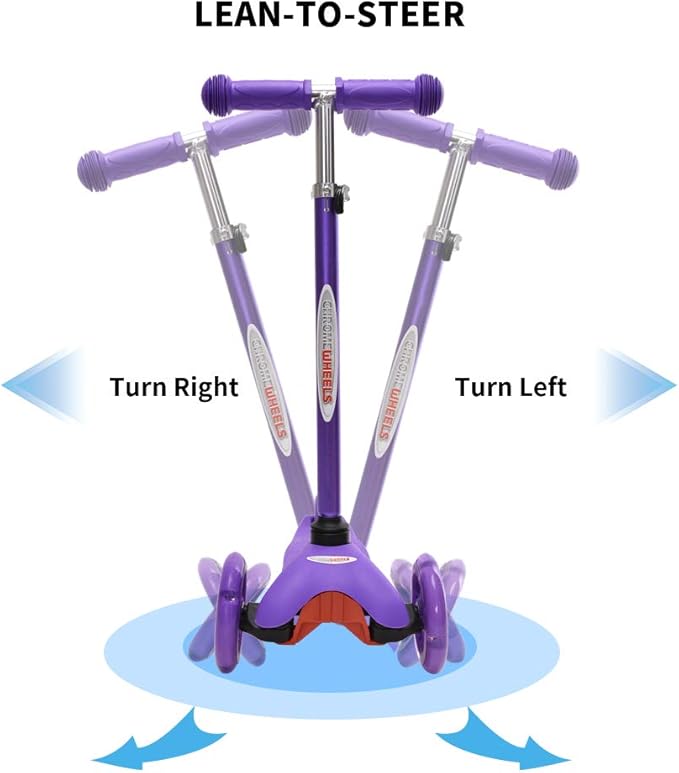 ChromeWheels Scooter for Kids, Deluxe 3 Wheel Scooter for Toddlers 4 Adjustable Height Glider with Kick Scooters, Lean to Steer with LED Flashing Light for Ages 3-6 Girls Boys