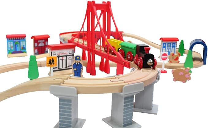 inc. Giant 60 pc Wooden Train Set - Complete Toy Railway w/Tracks, Engine, Cars, Bridges, Stations, People, Signs. Genuine Hardwood, Compatible with All Major Brand Accessories