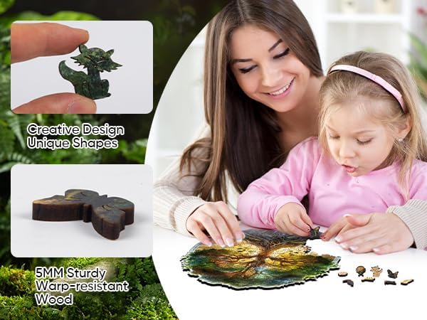 Green Tree of Life Wooden Jigsaw Puzzle for Adult and Kids 300 Pcs Unique Shape Multicolor Wood Storage Box Challenge Brain Teaser Family Game Creative Gift for Friends Rompecabezas Madera