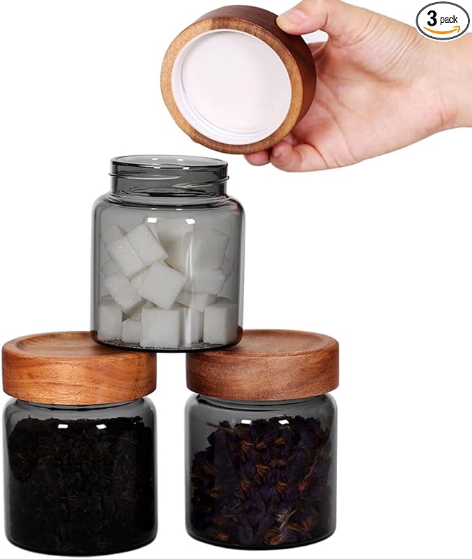 SAIOOL 3 Packs grey Glass Food Storage Jars with Screw Airtight Seal Acacia Wood Lids,Spice Jars with Lids, Organization for Jars Bottles Containers Travel Gear, Sugar, Salt,Coffee, cookies,spices