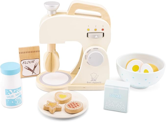 New Classic Toys Wooden Mixer Set Pretend Play Toy for Kids Cooking Simulation Educational Toys and Color Perception Toy for Preschool Age Toddlers Boys Girls , Red,White