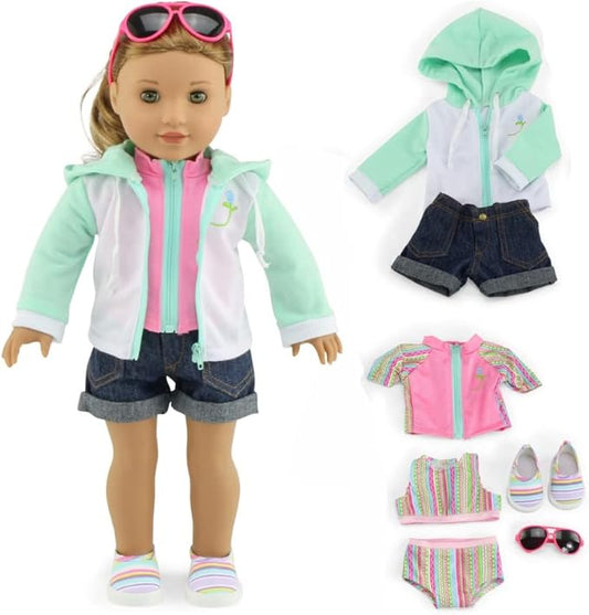 Emily Rose 18 inch Doll Clothes 7 PC Surfer Swimming Bathing Suit Beach Swim Clothing & Accessories Set, Includes Sunglasses and Shoes! | Compatible with 18" American Girl Dolls | USA Business