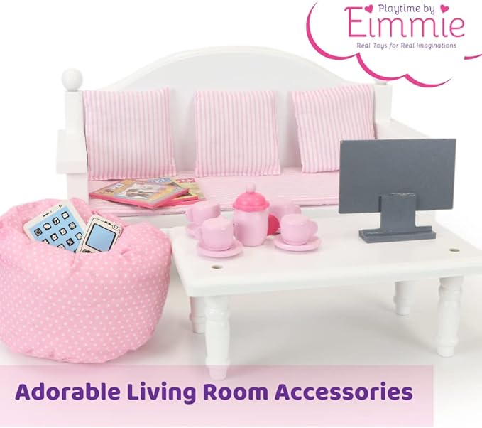 Playtime by Eimmie 18 Inch Doll Furniture Couch & Coffee Table Set – White, Wooden Playset with Living Room Accessories, Fits American, Generation, My Life & Similar 14”-18” Dolls