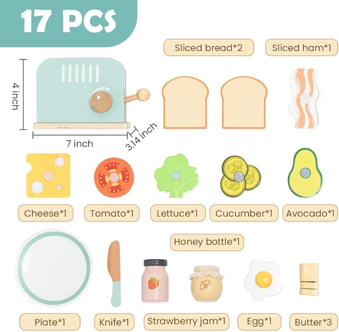 Wooden Pop up Toaster Play Kitchen Set, 17PCS Play Food Accessories for Toddlers Early Learning,Pretend Play Breakfast Playset, Toys Gift for Toddlers Girls & Boys