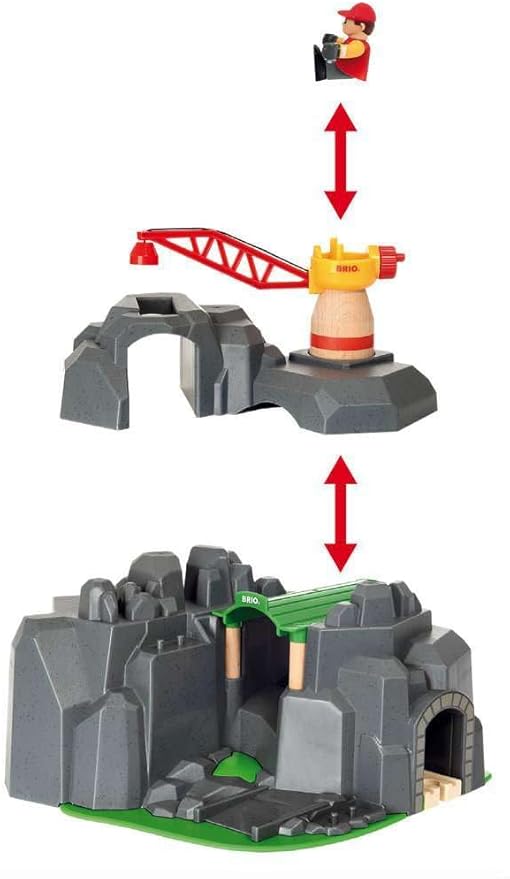 BRIO World - 33889 Crane & Mountain Tunnel | 7 Piece Toy Train Accessory for Kids | Interactive Play | FSC Certified Wood | Perfect for Ages 3 and Up