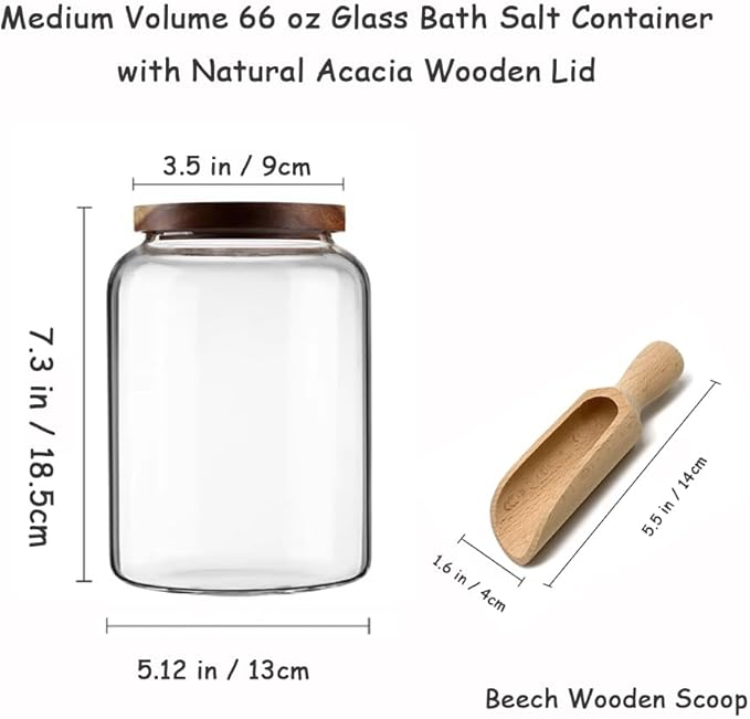 66 oz Bath Salts Glass Jar with Wooden Lid and Scoop,Bathroom Decor Container,Airtight Storage Bathtub Accessories for Women