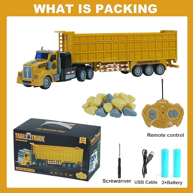 Remote Control Semi Dump Truck with Trailer Includes Simulated Stones, 14" 1:48 Trailer Dump Truck Toy, Equipped with 2 Rechargeable Batteries, Gifts Ideas for Boys Age 3-8 Year Old