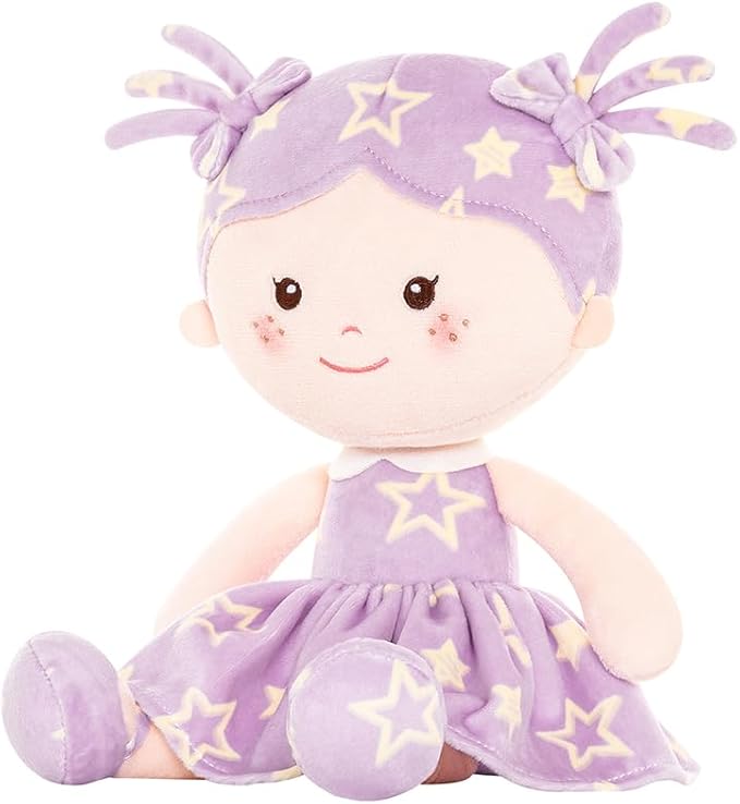Onetoo Rag Doll Plush Baby Doll Soft Baby Doll for Girls First Baby Doll Plush Sleeping Cuddle Buddy Doll Wear Star Purple Sleeveless Dress 14"