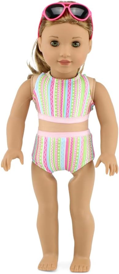 Emily Rose 18 inch Doll Clothes 7 PC Surfer Swimming Bathing Suit Beach Swim Clothing & Accessories Set, Includes Sunglasses and Shoes! | Compatible with 18" American Girl Dolls | USA Business