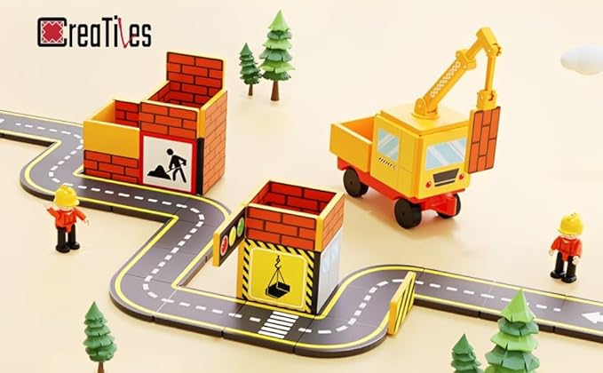 Car Road Track Magnetic Tiles & City Construction Builder Set with Crane and Figures – STEM Building Blocks Toy for Toddler Preschool Montessori Kids - Great Birthday Gift for Boys Ages 3-5 4-8 5-7