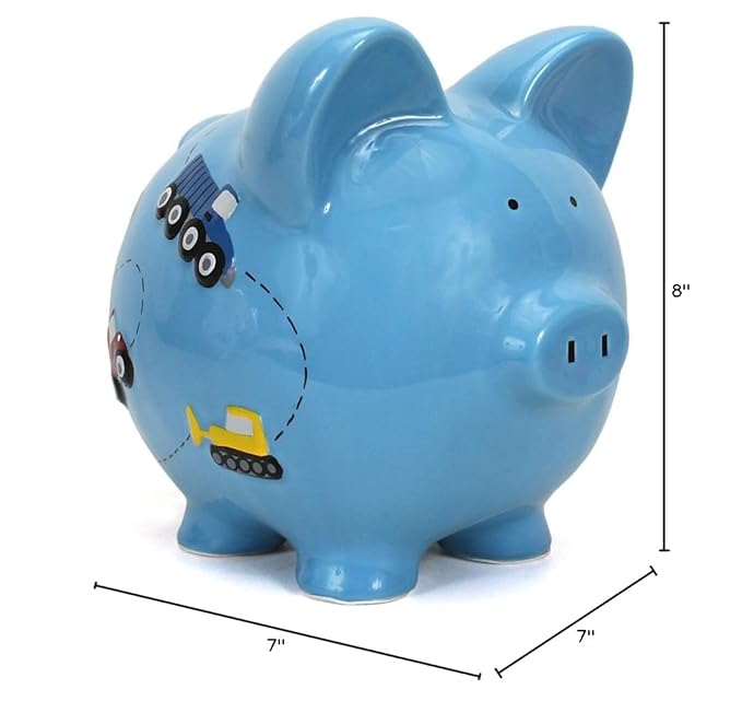 Child to Cherish Ceramic Piggy Bank for Boys, Construction Trucks, Blue