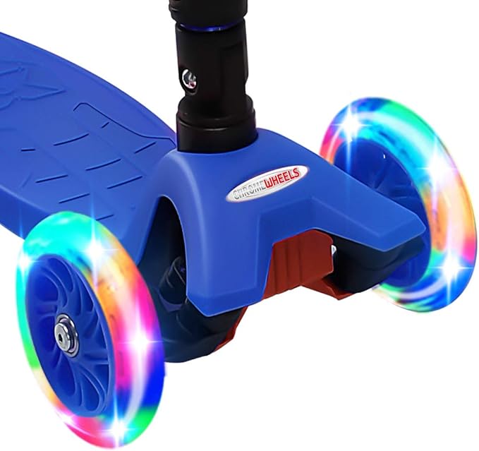 ChromeWheels Scooters for Kids, Deluxe Kick Scooter Foldable 4 Adjustable Height 132lbs Weight Limit 3 Wheel, Lean to Steer LED Light Up Wheels, Best Gifts for Girls Boys Age 3-12 Year Old