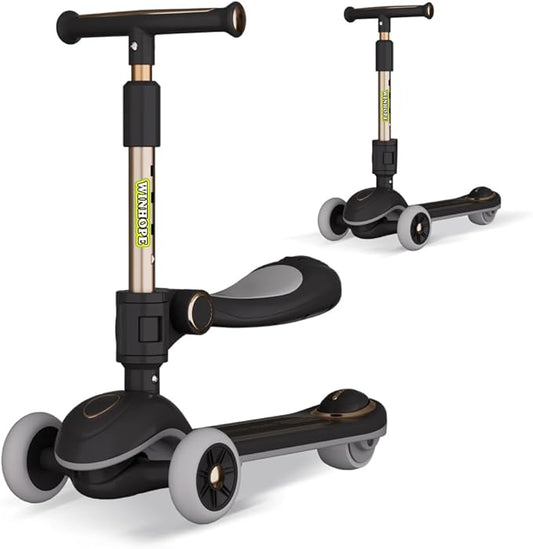 Winhope Kick Scooter for Kids, 2-in-1 Kick Scooter with Wide Deck,Folding 3 Wheel Children Scooter Outdoor Ride-On Toys for Boy Girl Aged 3-8