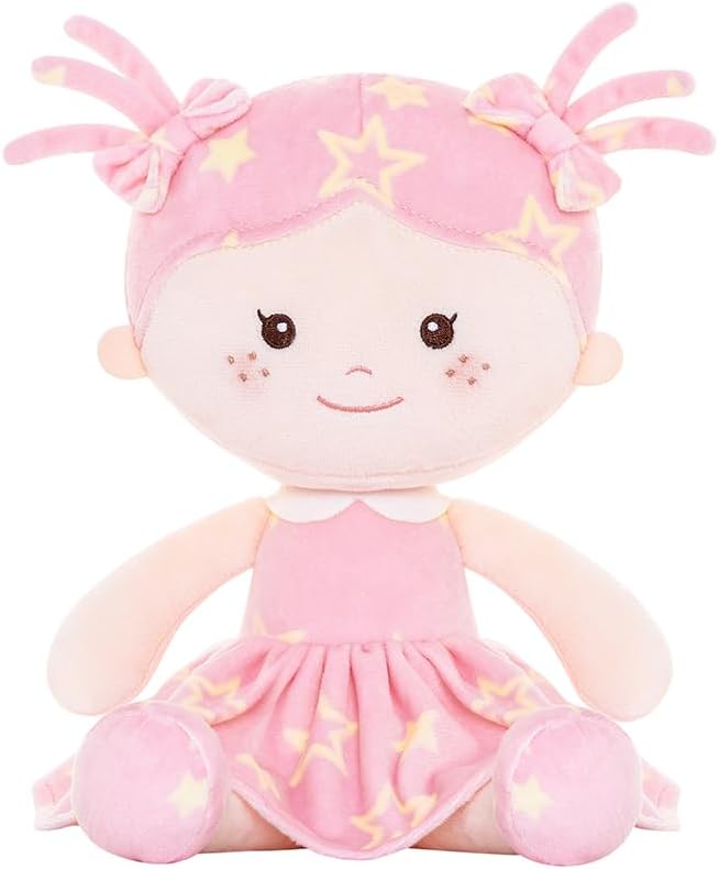 Onetoo First Baby Doll Plush Baby Girls Dolls Rag Doll Soft Baby Doll for Girls Sleeping Cuddle Buddy Doll Wear Star Pink Sleeveless Dress 14"