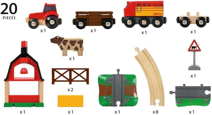 BRIO World Farm Railway Set - 20-Piece FSC-Certified Wood Train Set & Accessories - Works with All BRIO Wooden Railway Sets - Includes Barn, Tractor, Hay Crane, Tracks & More - Fun for Kids Ages 3+