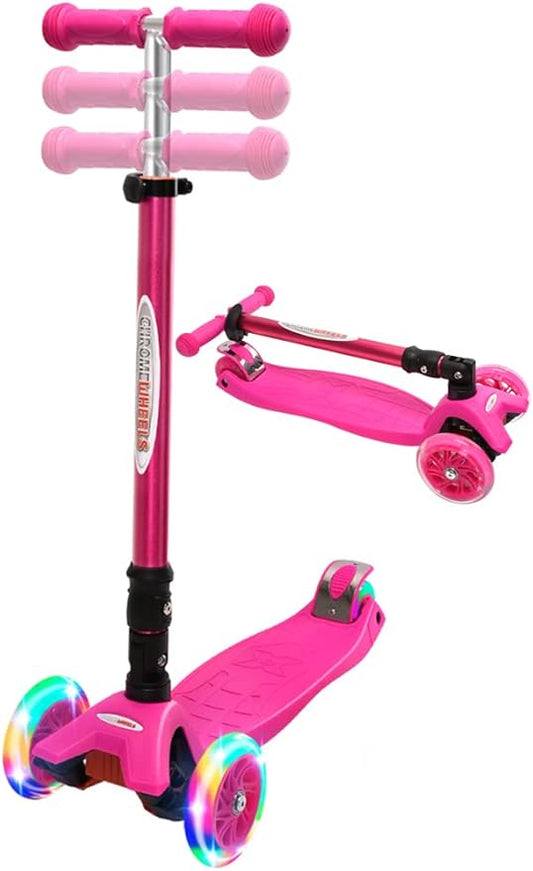ChromeWheels Scooters for Kids, Deluxe Kick Scooter Foldable 4 Adjustable Height 132lbs Weight Limit 3 Wheel, Lean to Steer LED Light Up Wheels, Best Gifts for Girls Boys Age 3-12 Year Old