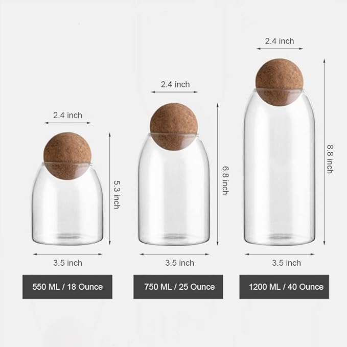MOLFUJ 750ML/25Oz Glass Storage Container with Ball Cork, Cute Decorative Organizer Bottle Canister Jar with Air Tight Wood Lid for Food, Coffee, Candy, Bathroom Apothecary Cotton Swab Qtip Holder