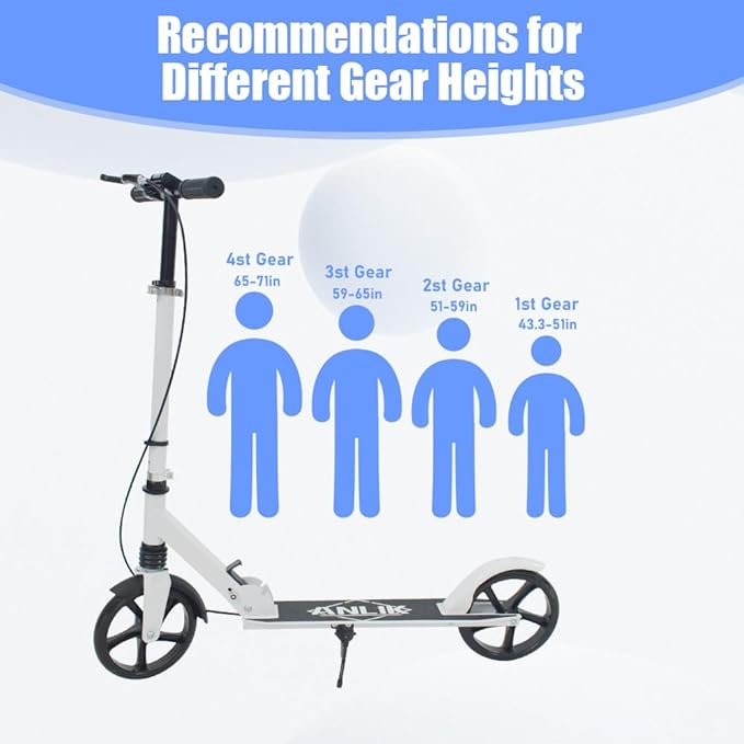 Dual-Brake Shock-Absorbing Kick Scooter, Anti-Skid PU Wheels, 4 Height-Adjustable Positions, Wider Pedals, Suitable for Children Over 6 Years Old, Teenagers & Adults