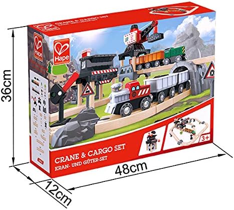 Hape Crane and Cargo Train Set | Wooden Railway Toy Set with Magnetic Crane, Button Operated Loader and Adjustable Rail Signal