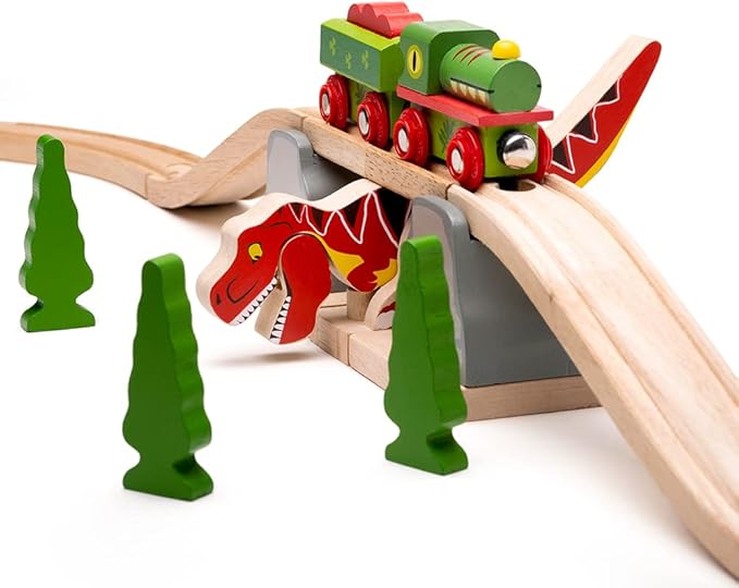 Bigjigs Rail, T-Rex Bursting Bridge, Wooden Toys, Dinosaur Toys, Bigjigs Train Accessories, Dinosaur Track, Wooden Train Sets, Trains for Kids, Bigjigs Trains