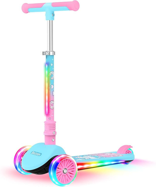 BELEEV A9 Kids Scooter with LED Light-Up Wheels & Deck, 3 Wheel Folding Scooter for Toddlers Girls Boys Ages 3-12, Adjustable Handlebar, Lean to Steer, Extra-Wide Wheels, Kick Scooter for Children