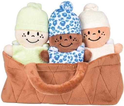 Creative Minds Basket of Babies with 3 Super Soft 9" Plush Doll Toys for Kids, Multicultural Sensory Babies Toy Set with Basket, Green, White, Blue