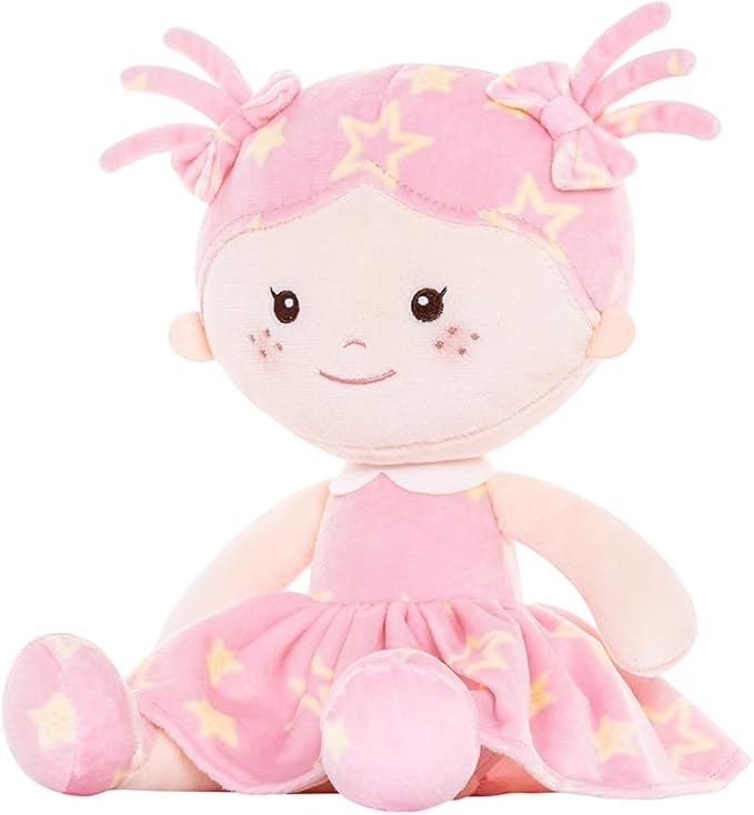 Onetoo First Baby Doll Plush Baby Girls Dolls Rag Doll Soft Baby Doll for Girls Sleeping Cuddle Buddy Doll Wear Star Pink Sleeveless Dress 14"