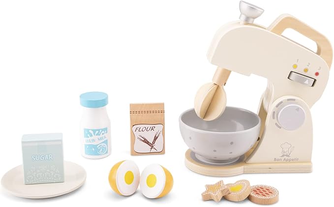 New Classic Toys Wooden Mixer Set Pretend Play Toy for Kids Cooking Simulation Educational Toys and Color Perception Toy for Preschool Age Toddlers Boys Girls , Red,White