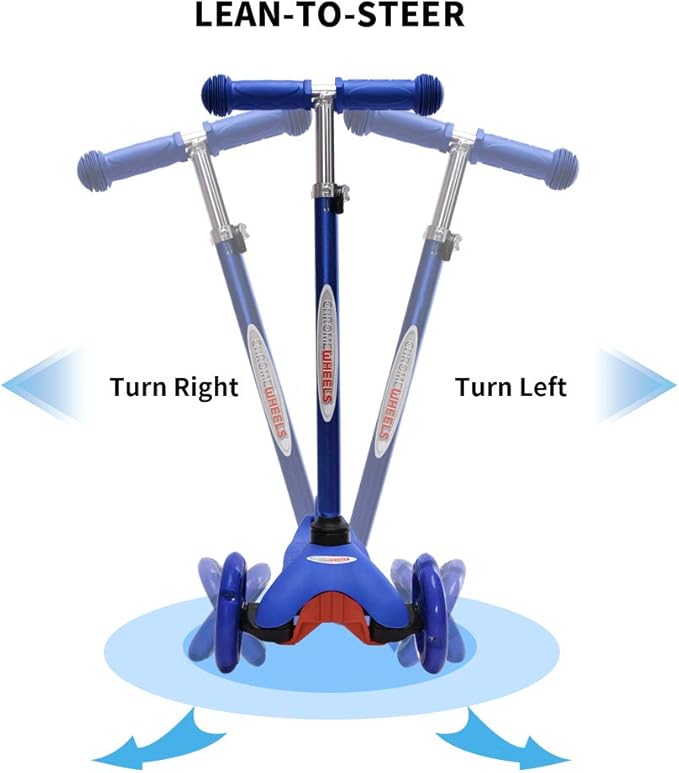 ChromeWheels Scooter for Kids, Deluxe 3 Wheel Scooter for Toddlers 4 Adjustable Height Glider with Kick Scooters, Lean to Steer with LED Flashing Light for Ages 3-6 Girls Boys
