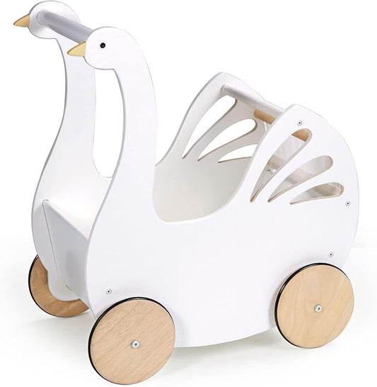 Tender Leaf Toys - Sweet Swan Pram - Wooden Swan Shape Dolls Stroller - Inspired Role-Play Toy for Boys and Girls, Improve Gross Motor Skills and Creativity - Age 18m +