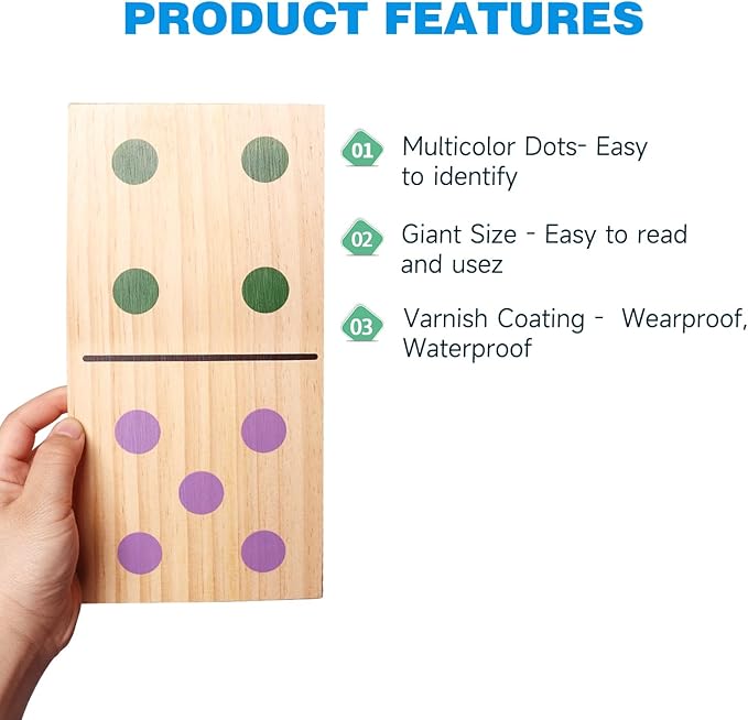 GSE Games & Sports Expert Jumbo Wooden Dominoes with Multi-Color Dots, 28 Piece 10" x 5" Dominoes Game Set with Storage Bag for Home, Yard