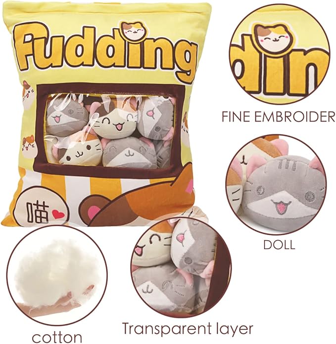 ARELUX Cute Cat Plush Pudding Pillow:Snack Pillow Toys Bag Removable Stuffed Animal 8Pcs Sets Creative Plush,Soft Yellow Cat Plushie Animal Throw Pillow,Dolls Friends Family Member