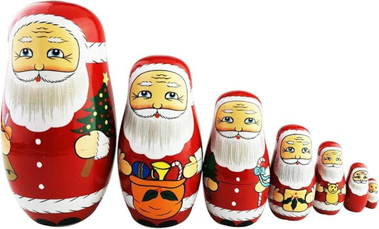 Winterworm Cute Creative Santa Claus's Bringing Kinds of Gifts to You Pattern Handmade Wooden Matryoshka Dolls Russian Nesting Dolls Set 7 Pieces for Kids Toy Birthday Home Decoration