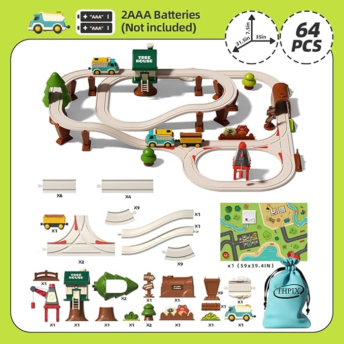 64pcs Forest Track Adventure Train Set with Magnetic Link Logging Truck,Train Track for 3-7 Years Old Toddlers & Kids, Railway Set Christmas Toys for Kids,Rail Car Set for Boys & Girls