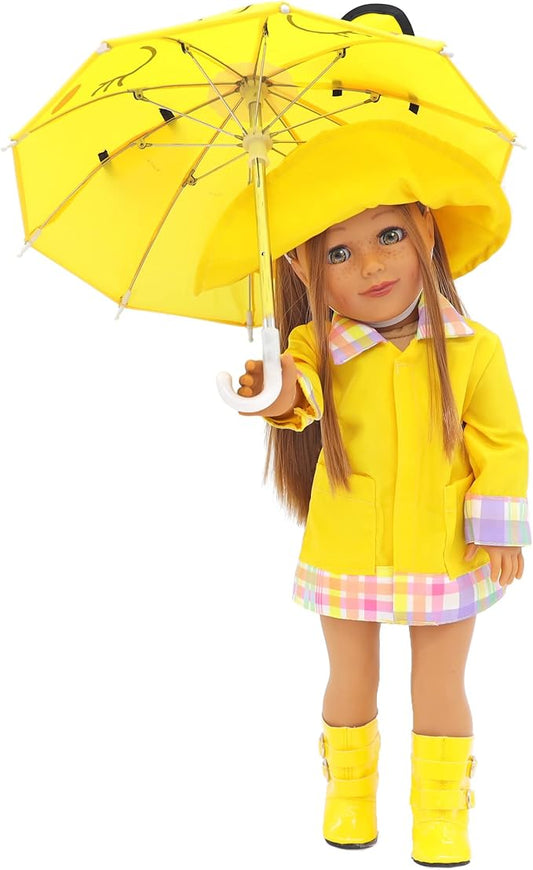 Playtime by Eimmie 18 Inch Doll Clothes and Accessories - Yellow Raincoat Set with Hat, Boots & Cat Face Umbrella - Clothing Sets & Stuff - Fits American, Generation & Other 18" Dolls for Girls