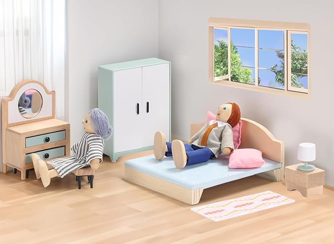 Giant bean 24 PCS Wooden Plastic Dollhouse Furniture Set, Bathroom and Bedroom Set, Wood Dollhouse Accessories Pretend Play Furniture Toys for Boys Girls & Toddlers