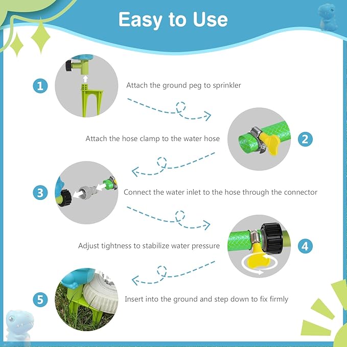 MoKo Water Sprinkler for Kids, Dinosaur Toddler Outdoor Toys with 4 Wiggle Tubes and Hose Clamp, Outdoor Play Toys Spray Up to 8ft, Summer Water Toys Sprinklers for Yard Lawn Garden Game, 1 Pack, Blue