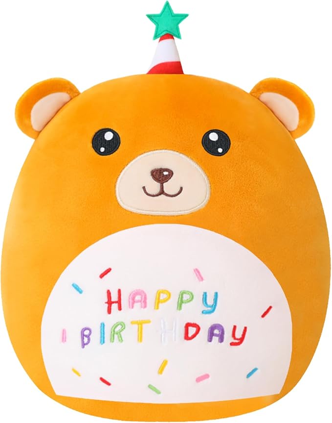 SQEQE Bear Plushie Birthday Bear Stuffed Animal Creative Plush Pillow Birthday Party Home Room Decoration Doll Gift for Kids 10 Inch